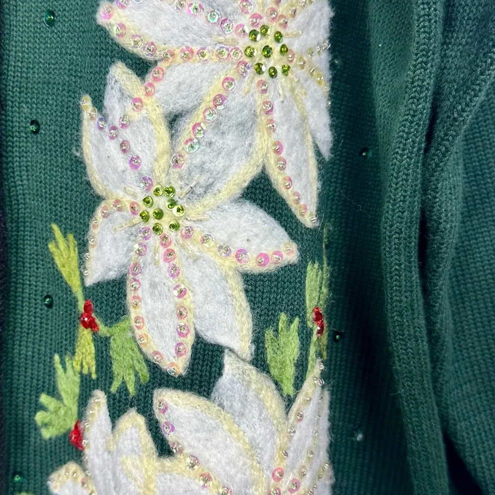 Quacker Factory Dark Green Pointsettia Zip Up Cardigan Sequins sz 3x Christmas
